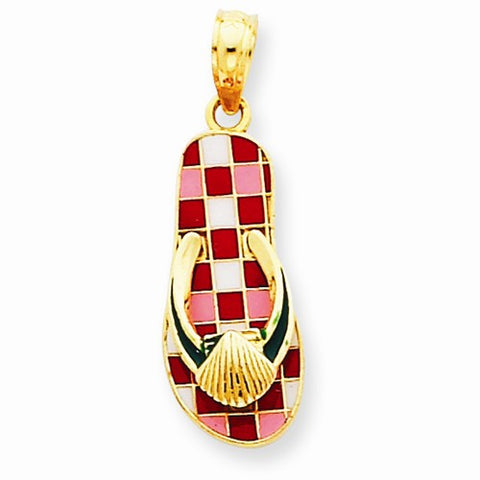 14k Gold Enameled Checkered Flip-Flop w/Shell Pendant, Pendants for Necklace