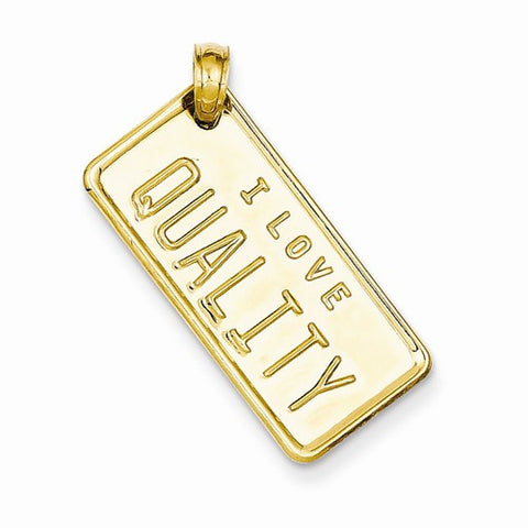 14k Gold I Love Quality License Plate Pendant, Pendants for Necklace