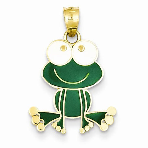 14k Gold Green and White Enameled Frog Pendant, Pendants for Necklace