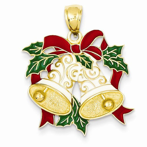 14k Gold Enameled Holiday Bells & Holly Leaves Pendant, Pendants for Necklace