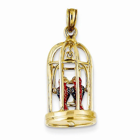 14k Gold Enameled Bird Cage w/Moveable Swing & Door Pendant, Pendants for Necklace