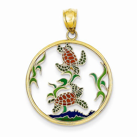 14k Gold Enameled Sea Turtles Circle Pendant, Pendants for Necklace