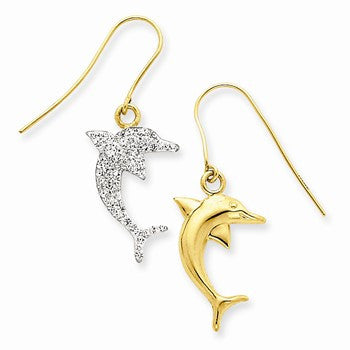 14k Yellow Gold Crystal Dolphin Dangle Wire Earrings