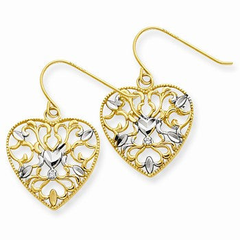 14k Yellow Gold Rhodium .01ct Diamond Filigree Heart Wire Earrings