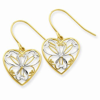 14k Yellow Gold Rhodium .01ct Diamond Heart Wire Earrings