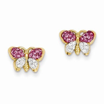14k Yellow Gold Pink/White Crystal Butterfly Post Earrings