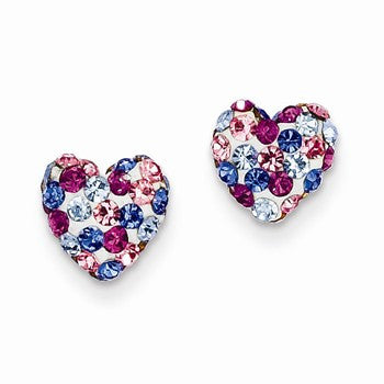 14k Yellow Gold Blue Pink White Crystal 8mm Heart Post Earrings