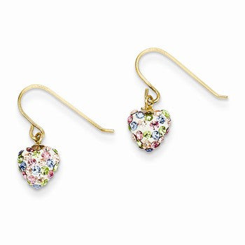 14k Yellow Gold Pastel Multi-colored Crystal Heart Dangle Earrings