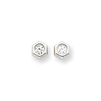 14k White Gold Plated Polished Hexagon CZ Post Ear, Jewelry Earrings
