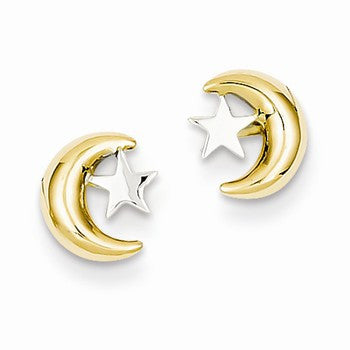 14k Yellow Gold Polished Rho Moon Star Post Ear, Jewelry Earrings