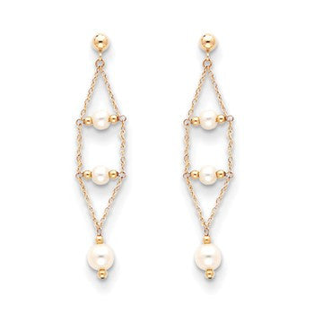 14k Yellow Gold Pearl 3 Tier Post Dangle Earrings