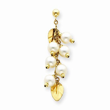 14k Yellow Gold Pearl & Leaf Dangle Earrings