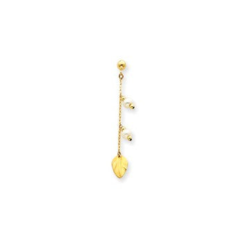 14k Yellow Gold Pearl & Leaf Dangle Earrings