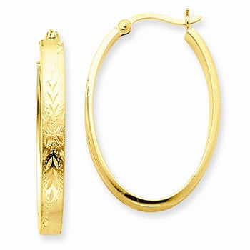 14k Yellow Gold Satin Diamond-Cut Oval Hoop Earrings